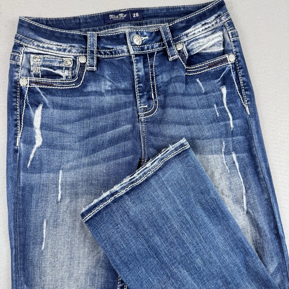 Miss Me Mid-Rise Bootcut Jeans 28x32 Cowgirl Distressed Fade Skull Western Rodeo - Picture 10 of 10